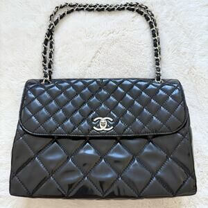 Chanel Black Patent Quilted Business Flap  Large Bag Authentic